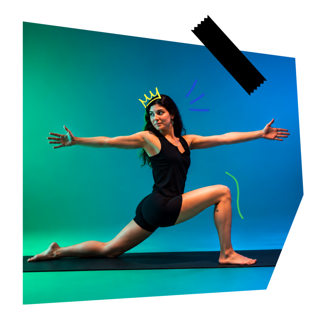 Female dancer in a black leotard mid-leap on a mat, arms extended, against a green-to-blue gradient backdrop with yellow crown doodle and blue accents.